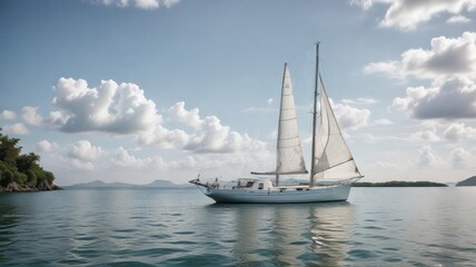 Fototapeta premium Serene Sailboat Gliding Across Calm Ocean Waters Under a Sky Adorned with Puffy White Clouds