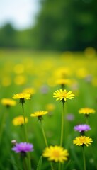 Obraz premium Soft focus of a field with bright yellow dandelions and tiny violet spring flowers, soft focus, field, green