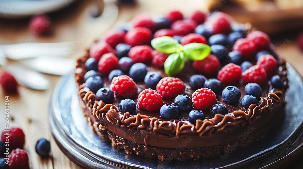 Aufkleber delicious chocolate cake topped with fresh berries and mint leaf at a rustic table setting : generat