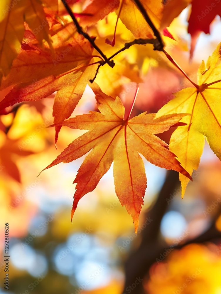 Poster vibrant and colorful autumn leaves with the sunlight creating a warm atmosphere : generative ai
