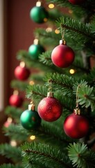 Red and green ornaments hung on a beige Christmas tree, ornaments, christmas tree