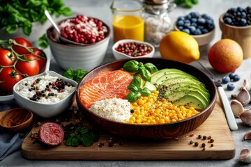 Bowl of assorted fruits and food preparation steps on rustic table for healthy eating