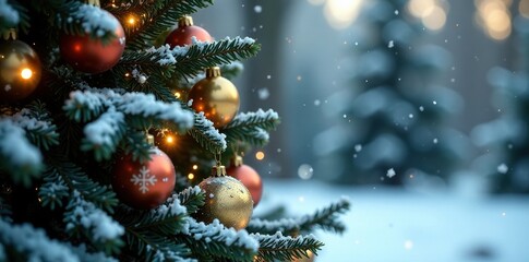 Icy snowflakes gently fall on a majestic fir tree adorned with golden ornaments, its branches heavy with festive weight, snowflakes, winter wonderland, snow covered ground