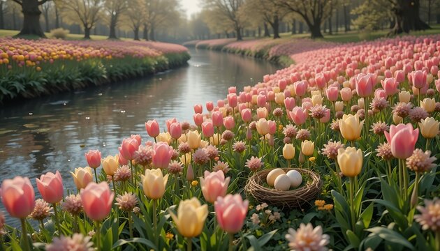 Tulip Garden with Nest and Eggs Beside Water for Easter