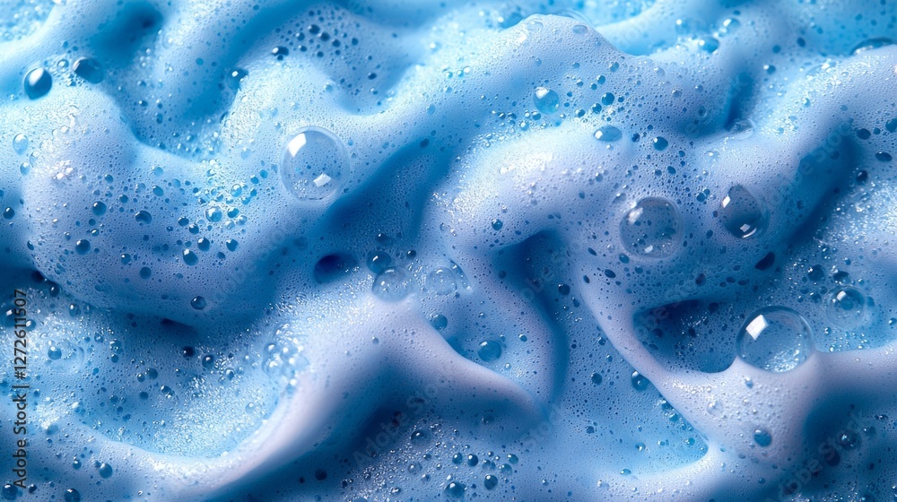 Poster rich swirls of vibrant blue soap foam create an inviting texture, accentuated by playful bubbles tha