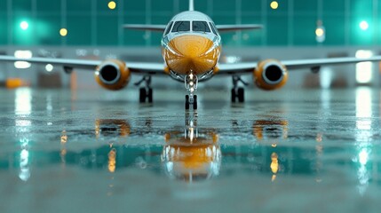 Sleek Silver Airplane on Wet Runway  Ready for Takeoff