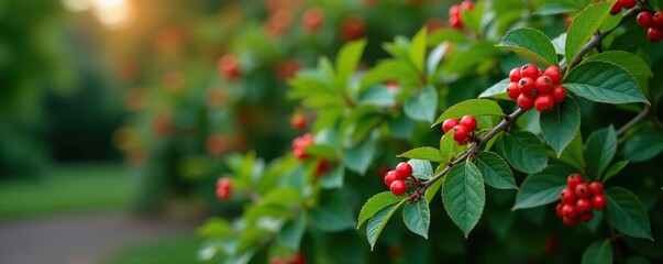 Obraz premium Berberis julianae shrub with dark green leaves and red berries in a garden environment, plant, nature