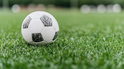 Obraz premium Classic soccer ball resting on a lush green grass field during a bright day.