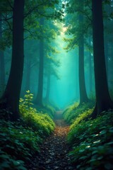 Fototapeta premium Softly glowing turquoise lights illuminate a quiet forest glade, peaceful ambiance, soft glow