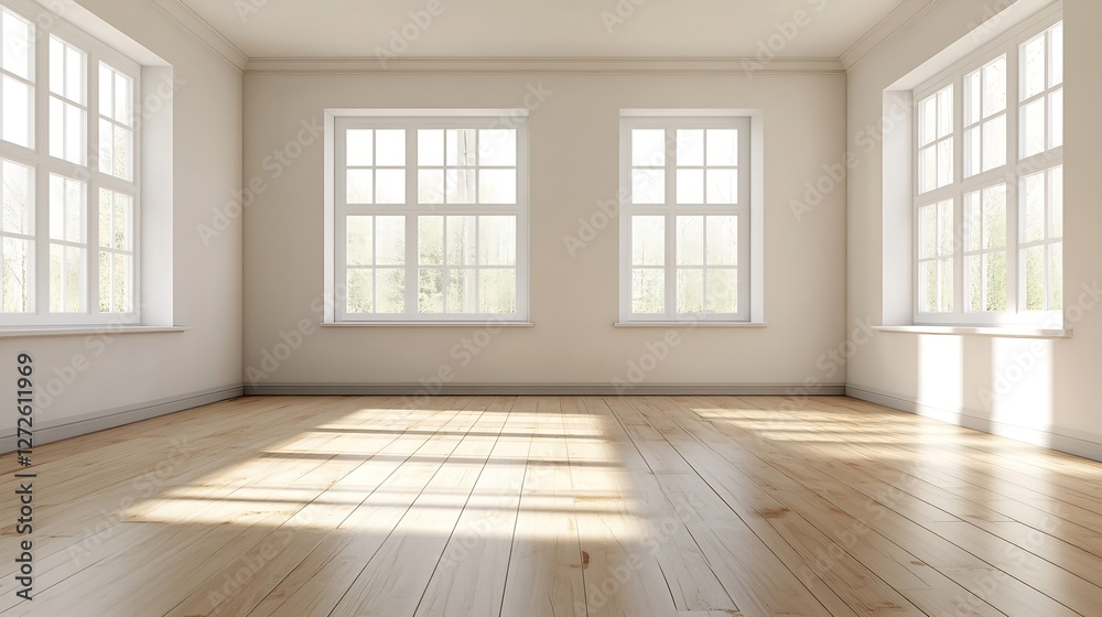 Fototapete empty and bright room with large windows showing natural light and minimalistic design : generative 