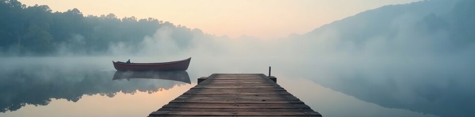 Fototapeta premium Wooden dock and a small wooden boat in the foggy lake, lake, morning, fog