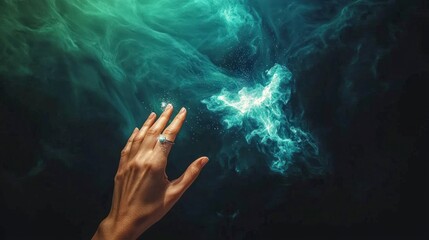Woman s Hand Reaching Towards Mystical Nebula  Cosmic Dust  Fantasy  Magic