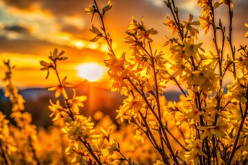 Obraz premium Silhouette of Forsythia Koreana Bush with Vibrant Yellow Flowers at Sunset