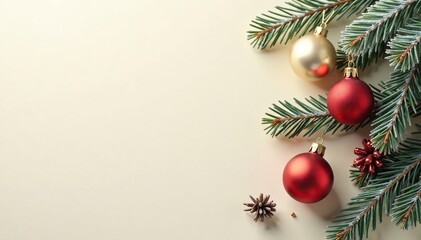 Soft cream background with frosted pine branches and ornaments, ornaments, frosted pine, soft