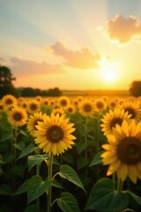 Obraz premium Soft focus capturing golden hour in sunflower field, sunflowers, field