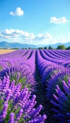Fototapeta premium Blooming lavender fields under a clear blue sky, natural, landscape, purple hue