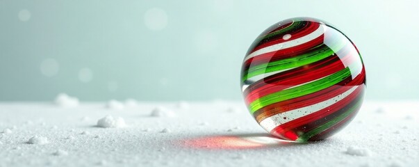 Fototapeta premium Red and green striped glass ball on a frosted white background, ball, frosted