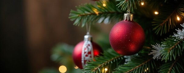 Red and silver ornaments hung on a Christmas tree, seasonal arrangement, twinkling lights, silver garland