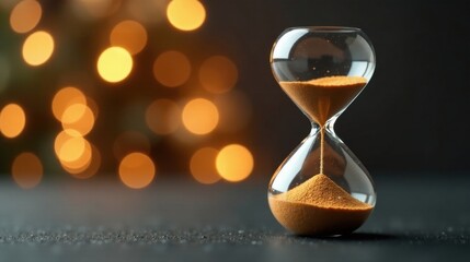 An hourglass sits on a dark surface, illuminated by a soft, warm glow in the background, symbolizing the fleeting nature of time and the passage of moments.