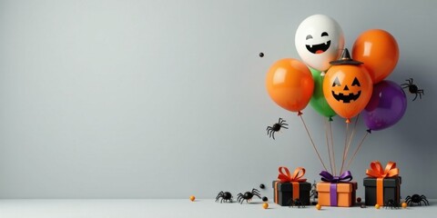 Festive Halloween arrangement with jack-o'-lantern and ghost balloons, plus spooky spiders and gift boxes on a minimalist background