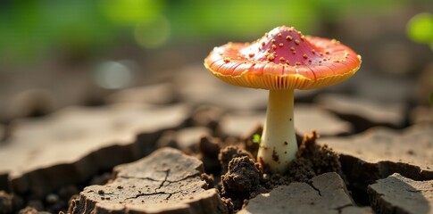 Fototapeta premium Stellaria hygrometrica mushrooms growing in a dry, cracked soil, cracked earth, stelaria hygrometrica