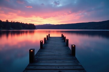 Obraz premium Wooden dock extends into calm lake surface at dusk, wooden docks, lakeside, reflection