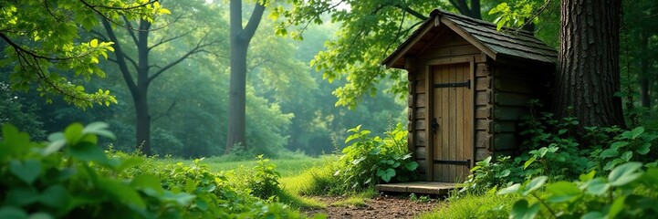 Wooden outhouse with wooden slats and overgrown vegetation, forest, natural