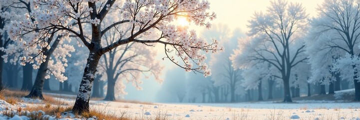 Birch tree covered in white blossoms on a cold morning, tree flowers, forest landscape