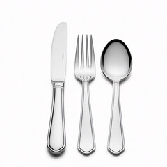 Plate Knife, fork and spoon on white background. 3d illustration  front view
