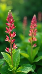 Stems with small pinkish-red flowers and green leaves, nature, garden