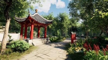 Fototapeta premium Red Pavilion Garden Path Tranquil Asian Landscape