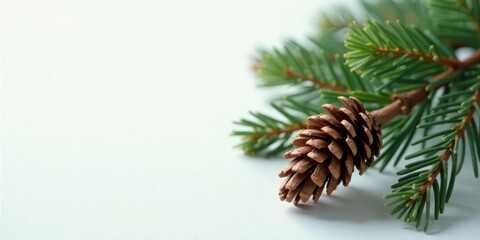 Fototapeta premium A Delicate Pine Cone and Evergreen Branch Resting on a Smooth Surface
