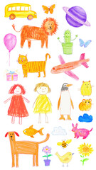 Fototapeta premium PNG kid drawings in crayon set, transparent background