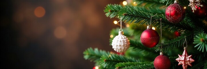Fototapeta premium Red and white snowflake garland hanging from the Christmas tree branch, branches, tree