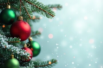 Red and green ornaments draped over frosted fir branches, evergreen, ornament, christmas