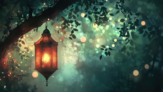 Enchanting lantern hanging in mystical forest at dusk