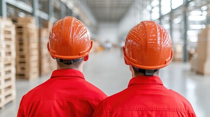Factory workers in orange hard hats, warehouse setting, work in progress, potential use for safety training materials