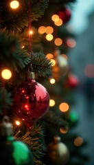 Red and green glass bauble hanging from string lights, lights, holiday, string