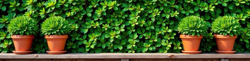 Wooden hedge topped with clay pot planters and greenery, trellis, nature