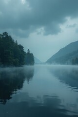 Dark clouds and raindrops create a misty veil on a peaceful lake, water, grey
