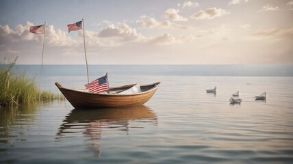 Fototapeta premium Serene Waterscape Wooden Rowboat Adorned with Flags, Small Paper Boats Drifting on Calm Lake at Sunset
