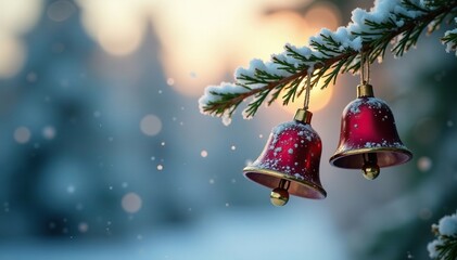 In the frozen air, delicate festive bells sway gently from the fir branch, swaying bell strand, frosty morning