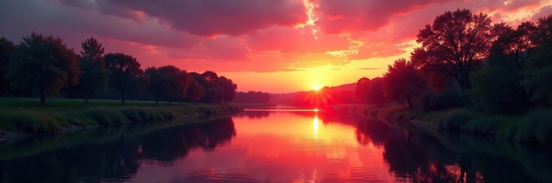 Il tramonto illumina il fiume con toni di rosso e arancione, arancia, nuvola alta, albero secco