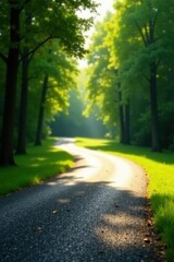 Obraz premium Serene Winding Path Through a Lush Green Canopy of Trees on a Sunny Day