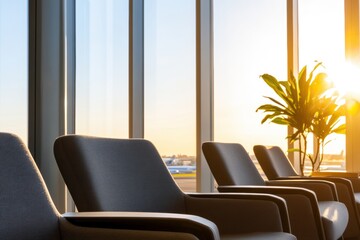 Fototapeta premium Sunlit airport lounge with empty chairs and large windows at sunset