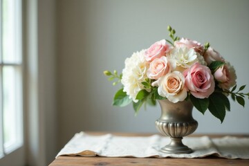 Fototapeta premium Delicate pastel roses and hydrangeas arranged in an elegant urn, resting on a rustic wooden table with a soft linen runner.