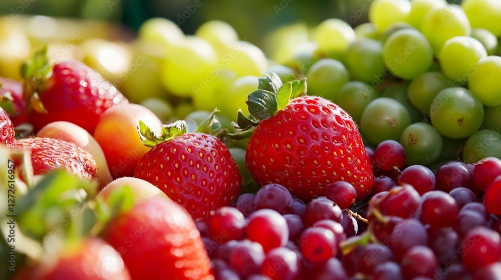 Poster fresh and colorful assortment of ripe fruits including strawberries and grapes : generative ai