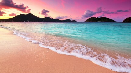 Fototapeta premium Tropical beach sunrise, turquoise water, distant islands, serene view