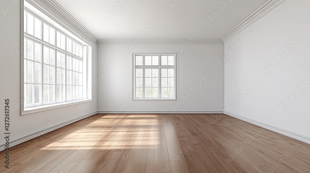 Poster Empty bright room with large windows and wooden floor waiting for decoration : Generative AI