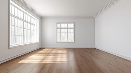 Empty bright room with large windows and wooden floor waiting for decoration : Generative AI